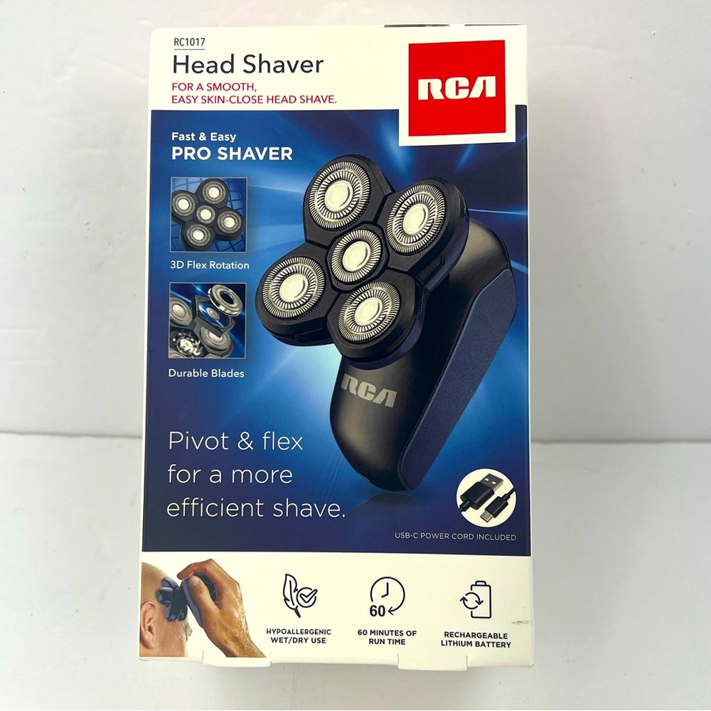 RCA, HEAD SHAVER, RECHARGEABLE LITHIUM BATTERY, 60 MONS USE/CAHRGE, LED SCREEN